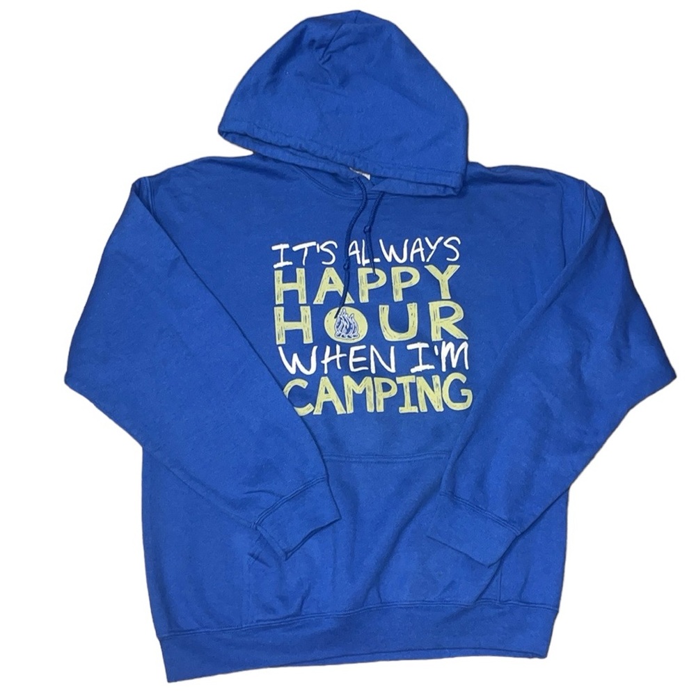 •GILDAN•"ITS ALWAYS HAPPY HOUR WHEN I'M CAMPING SWEATSHIRT HOODIE SIZE LARGE